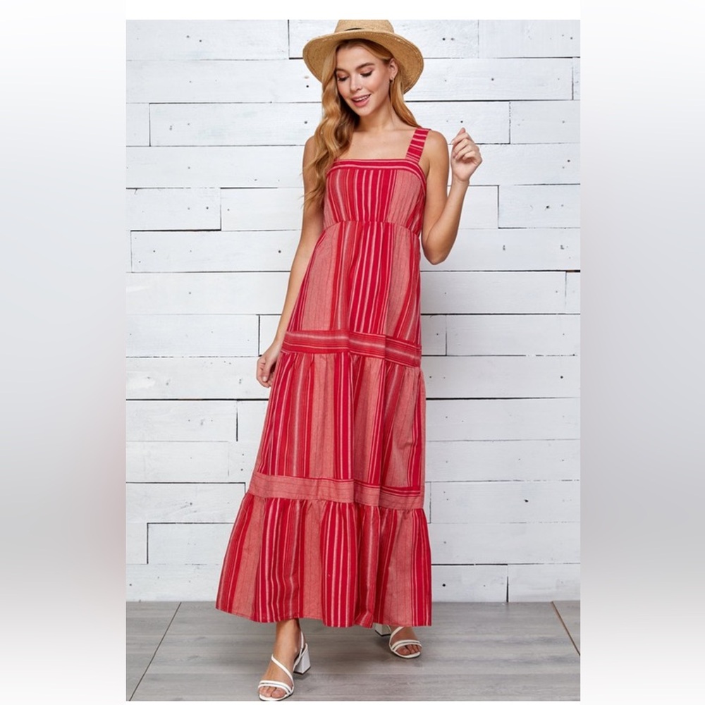 Red Stripe Tiered Linen Blend Maxi Dress NWT